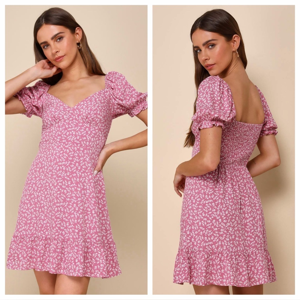 Lulus Grateful Feelings Pink Floral Print Puff Sleeve Mini Dress